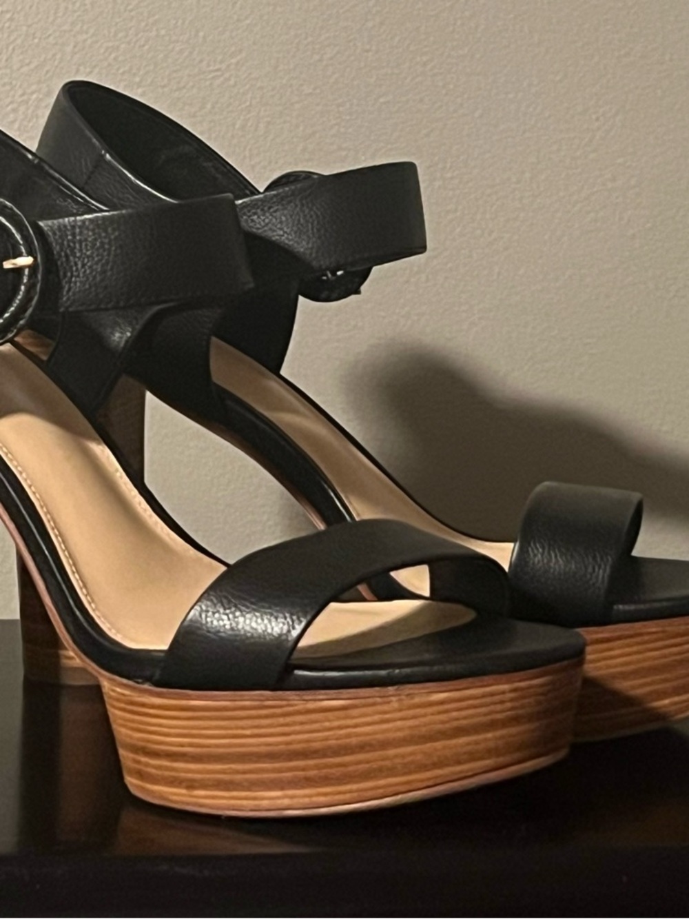 Via Spiga Black Leather Platform Sandals with Wood-Effect Sole